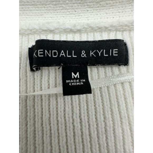 Kendall Kylie Sweater M White Ribbed Cotton Cropped Pullover V-Neck - Picture 3 of 8